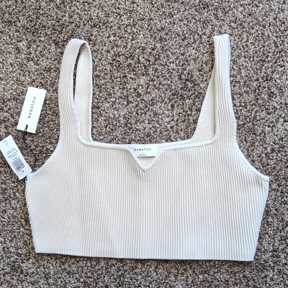 Babaton Estelle Sculpt Knit Cream Ribbed Crop Top Size Large NEW